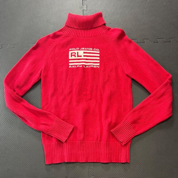 Polo Jeans Co. Ralph Lauren Tops - Polo Jeans Co. Ralph Lauren Red Turtleneck Sweater M 100% Cotton Embroidered Log
